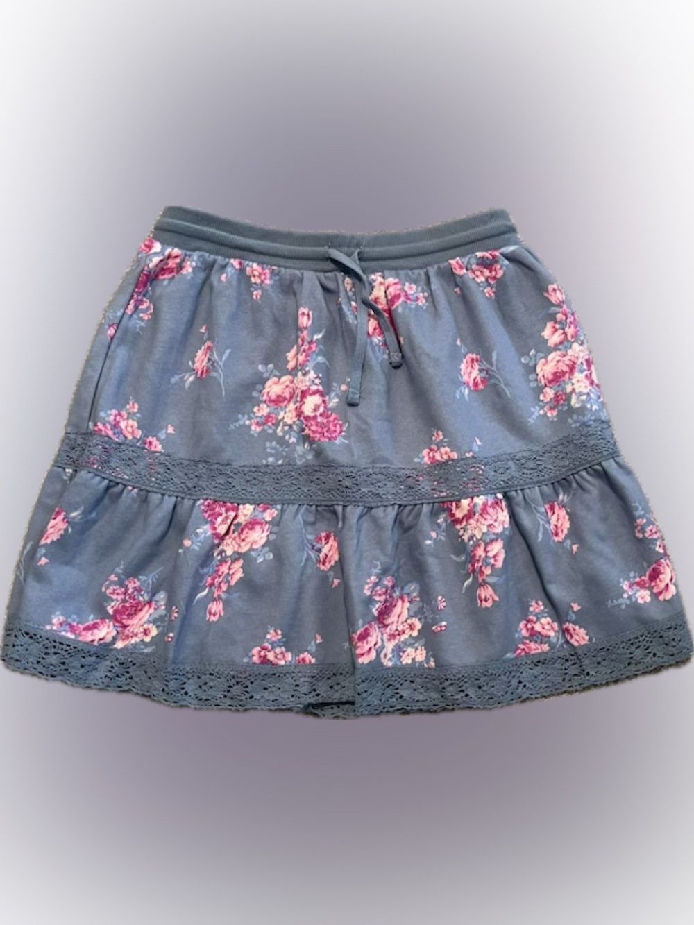 TREASURES by Shabby Chic NWT Blue Floral Tiered Mini Skirt with Pink Roses